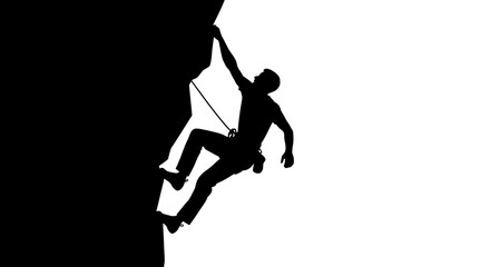 Silhouette of a climber ascending a rock face against a white background demonstrating strength © Alis