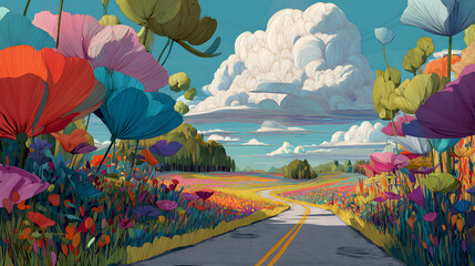 Surreal Road Through Giant Colorful Flower Landscape