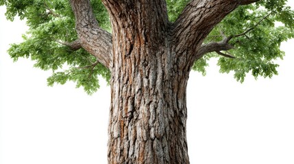Fototapeta premium Majestic oak tree with a textured bark and lush green leaves, representing nature's beauty, strength, and the essence of life in a serene environment