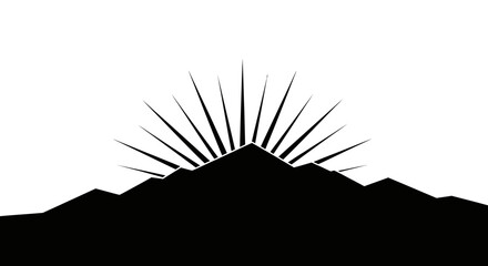 Minimalist mountain range at sunrise in black and white monochrome style design