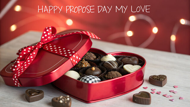 Romantic proposal setup with heart-shaped chocolate box, pink ribbon, and candlelight background