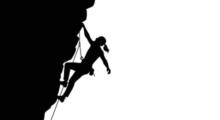 Silhouette of a female rock climber scaling a steep cliff with climbing gear challenges
