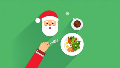 Cartoon Santa enjoys healthy holiday meal; greens, eggs, and coffee
