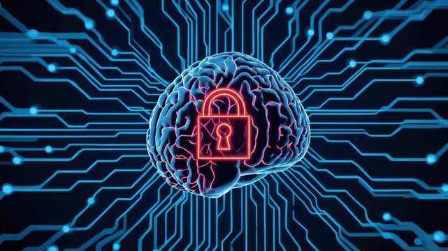 Neon brain padlock cybersecurity lock protecting artificial intelligence data and neural privacy