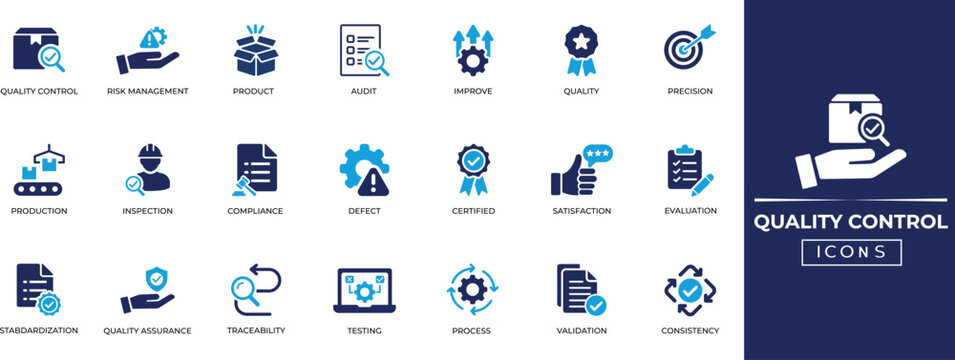 Quality Control solid icons for manufacturing, product inspection, compliance, improve, testing, precision, satisfaction, certification, and quality assurance. Solid icon collection.
