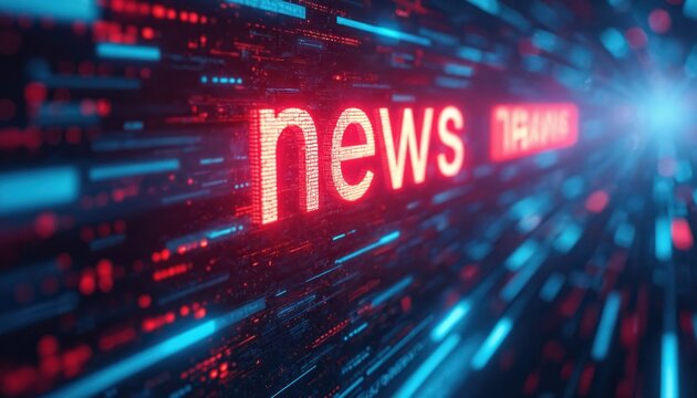Digital neon sign displaying news text with abstract speed lines. Broadcast media concept for current events, reporting and digital information flow.