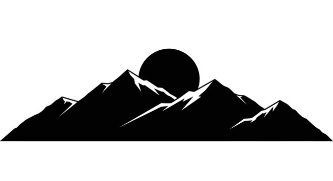 Dramatic mountain range silhouette with a rising sun offers striking vector graphic for outdoor