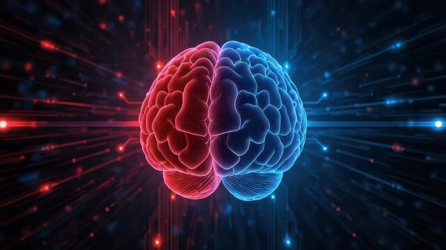 Neon digital brain split into red and blue hemispheres with glowing neural network circuitry