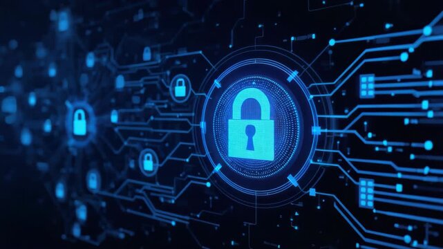 Blue digital padlock network circuit security protecting data with glowing circuit lines and secure