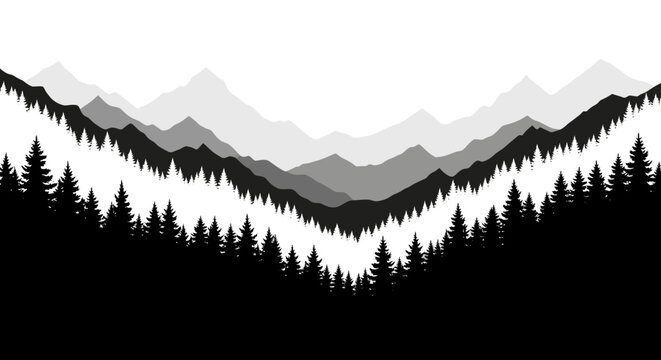 Monochrome mountain range with evergreen trees landscape vector illustration