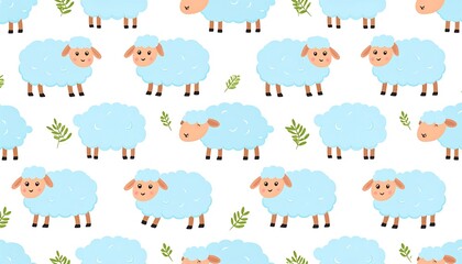 Cartoon sheep with green sprigs form a repeating pattern on white