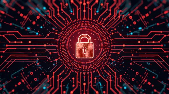 Red padlock circuit glowing network security data encryption. red cyber lock circuit center