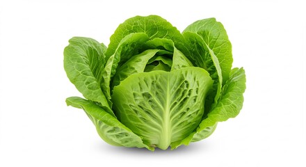 Obraz premium Vibrant fresh green Romaine lettuce head isolated on pure white bathed in bright studio light highlighting crisp textures. AI Generated