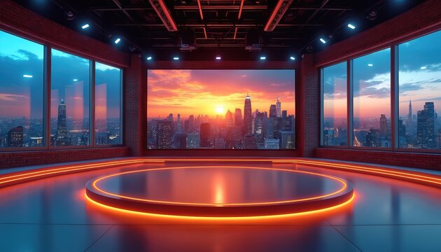 Modern broadcast studio with large screen showing city skyline at sunset. Circular stage with orange light border. Room features big windows with urban view.
