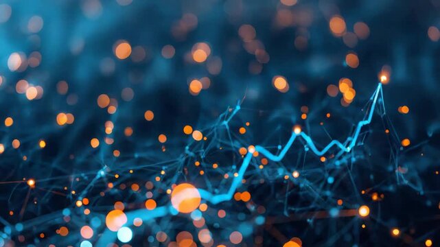 Blue network data visualization with glowing nodes connection and rising analytics line