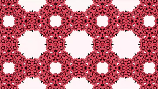 Vibrant floral pattern with red cherry blossoms and hearts on white