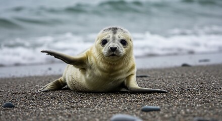 Fototapeta premium Gentle natural light illuminates an adorable baby seal pup resting on a rocky ocean shore peacefully watching. AI Generated