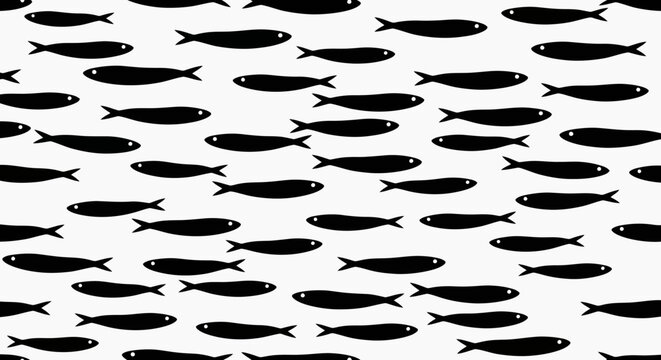 Monochrome shoal of fish seamless pattern minimalistic artistic design background image in black