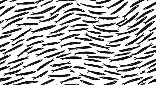 Seamless pattern with stylized black fish shapes on a white background creating dynamic visual