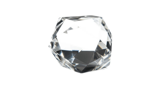 Brilliant clear faceted crystal paperweight with multi-angled surfaces that catch and reflect light, elegant decorative accent for desk, shelf or gift box

