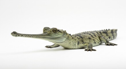 Naklejka premium Endangered gavial reptile with a remarkably long slender snout stands on a white studio background showing distinct features. AI Generated