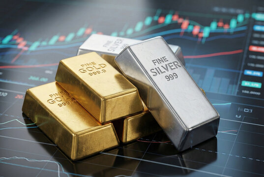 Commodity market trading with gold and silver bullion bars on stock chart