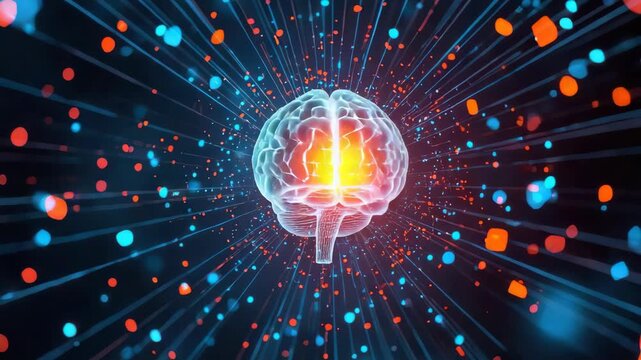 Glowing brain neural network center with streaming data particles and vibrant glowing center