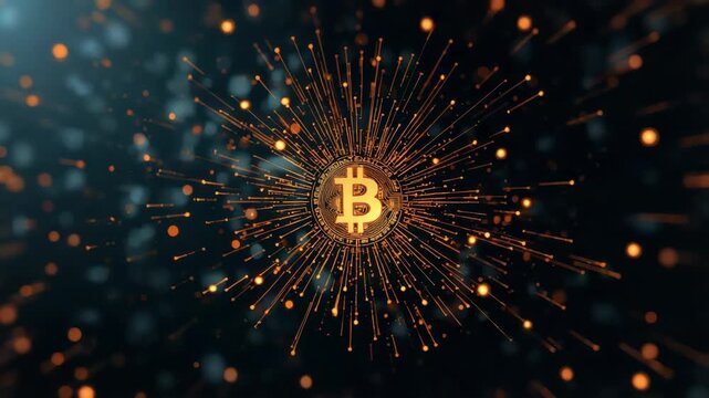 Golden digital cryptocurrency token and coin radiating network energy with glowing orange particles