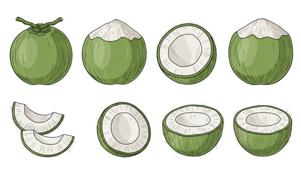 Green coconut clipart vector collection with sliced fruit isolated