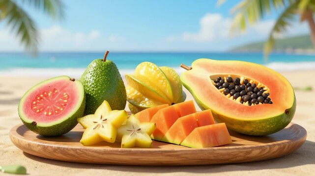 Various tropical fruits on a wooden tray with a blue ocean background