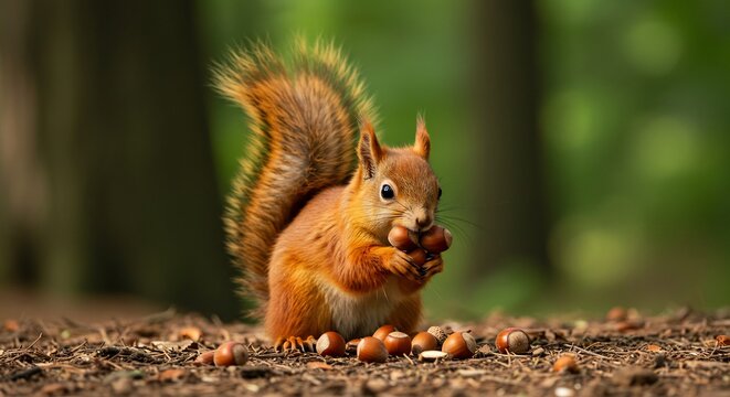 Vibrant red squirrel munching nuts with its fluffy tail held high in the warm natural woodland light. AI Generated