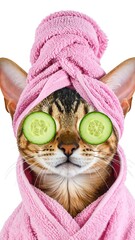 Cat with cucumbers on eyes, in pink spa treatment attire