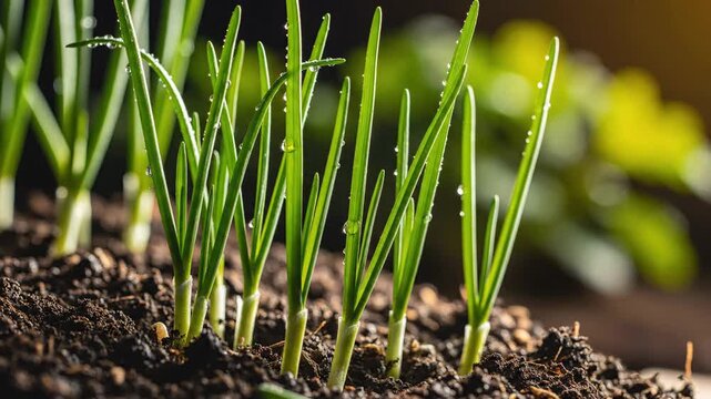 Young chive sprouts emerge from dark soil, glistening with morning dew, capturing the essence of new growth.