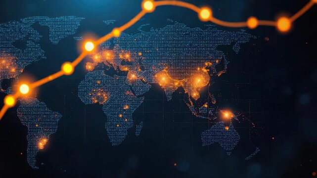 Global digital network map with glowing data hubs and rising analytics trend line expressing world