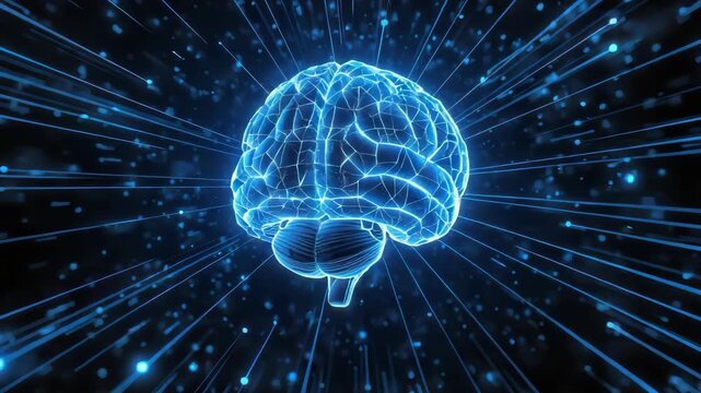 Neon digital brain glowing neural network with hologram data stream and radiant neon wireframe