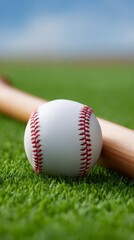 A baseball is sitting on the grass next to a wooden bat