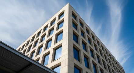 Modern Office Building Facade Against Blue Sky with Wispy Clouds.