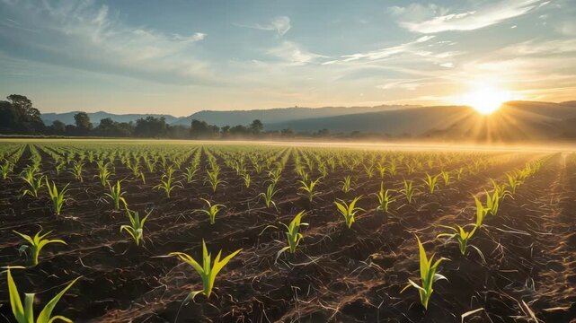 Young corn seedlings neat rows across misty rural field sunrise with warm glow and peaceful mood