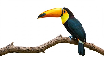 Fototapeta premium Vibrant toucan with its striking yellow throat and large orange beak stands out boldly against a pristine white background. AI Generated