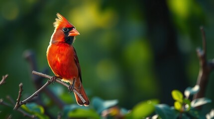 Bright red northern cardinal bird perched on green tree branch in natural sunlight