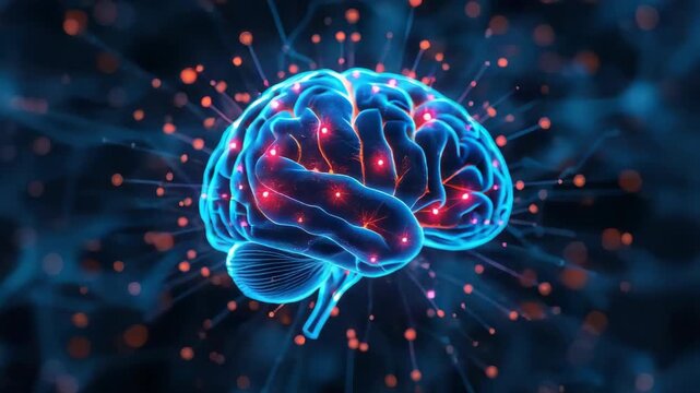 Glowing neural brain with electric synapse activity and neon glowing neural signals conveying