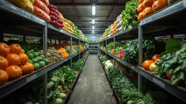 Grocery market aisle with colorful stacked fruit and leafy vegetable displays creating vibrant