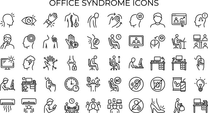 Set of Office Syndrome Line Icons for Ergonomics Health Issues Back Pain and Neck Strain in Minimalist Outline Style Vector
