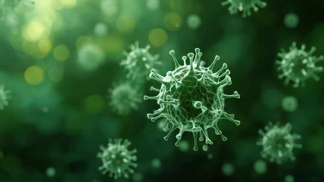 Green microscopic virus particle floating with soft bokeh light, spike pathogen infection close up