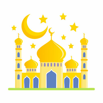 Mosque with crescent moon and stars illustration.