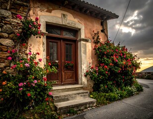 Charming European building with roses, wooden door, and stone accents