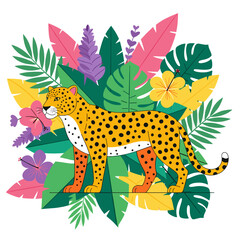 Cheetah in Tropical Jungle Foliage Illustration