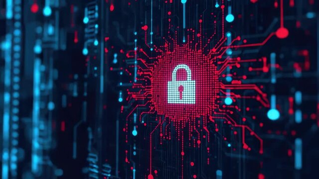 Red digital lock icon glowing circuit board symbolizing cybersecurity, data protection