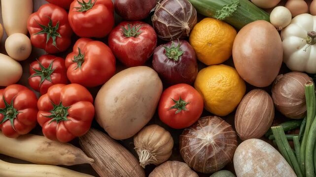 Fresh farm tomato potato onion orange pumpkin green bean colorful cozy flatlay arrangement