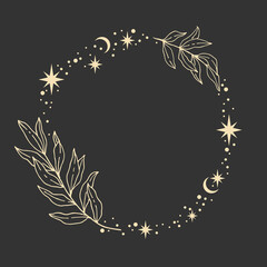Magic vector frame with moon, stars and plants. Mystic frame for tarot, esoteric, astrology design. Template for poster and prints.